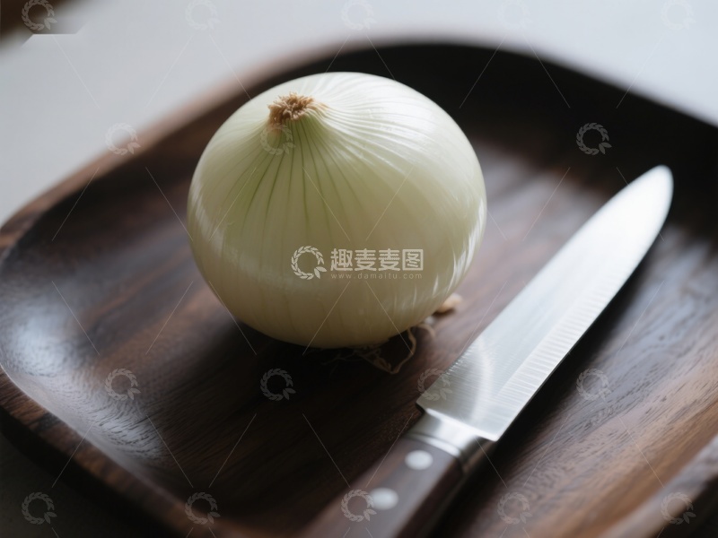 高清大图下载【趣麦麦图】洋葱与刀置于木质托盘