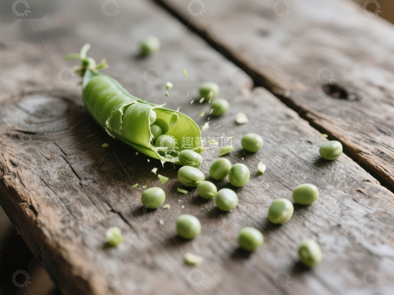 高清大图下载【趣麦麦图】新鲜豌豆荚破裂，豌豆散落木质桌面