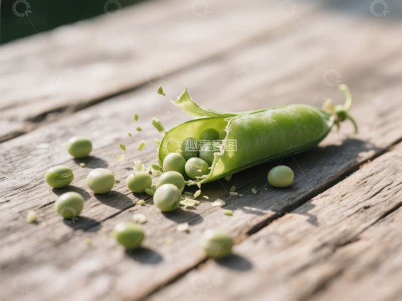 高清大图下载【趣麦麦图】新鲜豌豆荚散落木质桌面