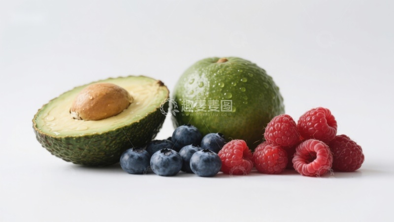 高清大图下载【趣麦麦图】新鲜水果组合：牛油果、蓝莓与覆盆子