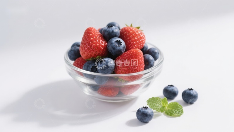 高清大图下载【趣麦麦图】新鲜草莓蓝莓盛于透明碗中