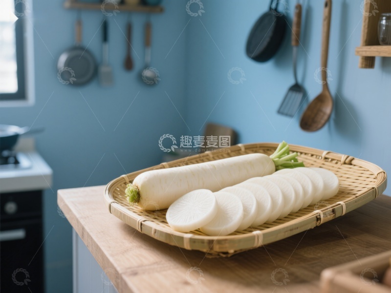 高清大图下载【趣麦麦图】厨房台面上的白萝卜切片