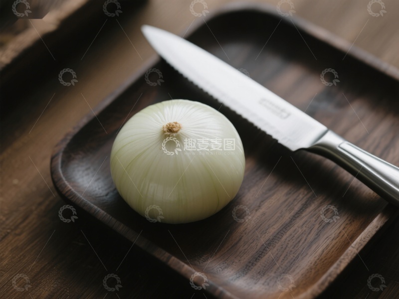 高清大图下载【趣麦麦图】-洋葱与刀具置于木质托盘