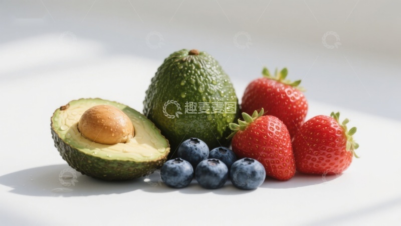 高清大图下载【趣麦麦图】新鲜水果组合：牛油果、草莓与蓝莓