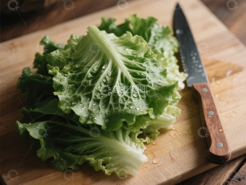 高清大图下载【趣麦麦图】-新鲜生菜置于木质砧板上