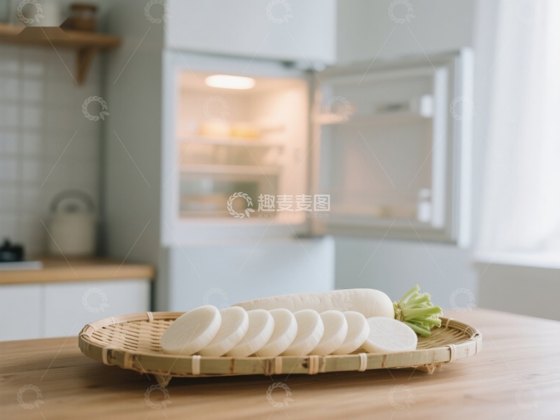高清大图下载【趣麦麦图】厨房切片萝卜与冰箱背景