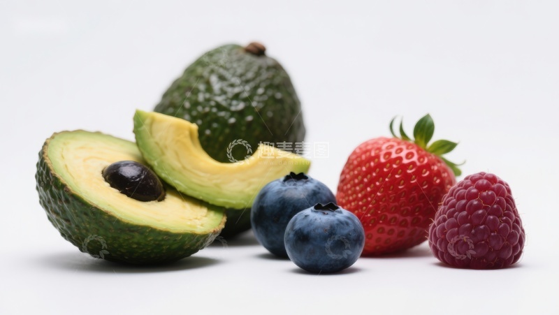 高清大图下载【趣麦麦图】新鲜水果组合：牛油果、草莓、蓝莓和覆盆子