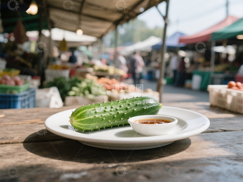 市场摊位上的黄瓜与蘸酱