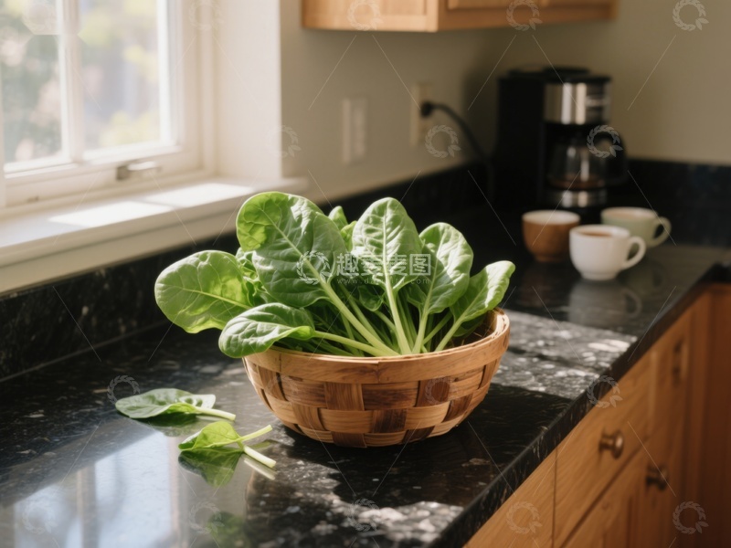 高清大图下载【趣麦麦图】厨房台面上的菠菜篮