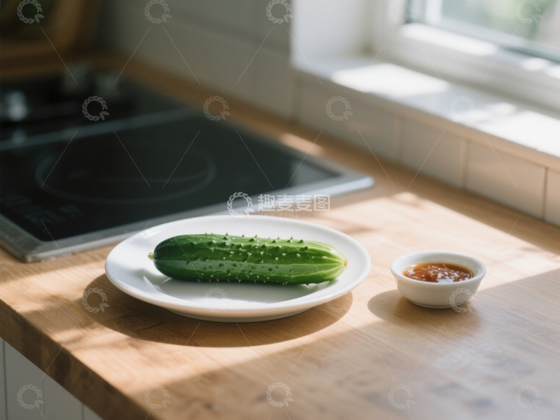 高清大图下载【趣麦麦图】厨房窗边的黄瓜与酱料