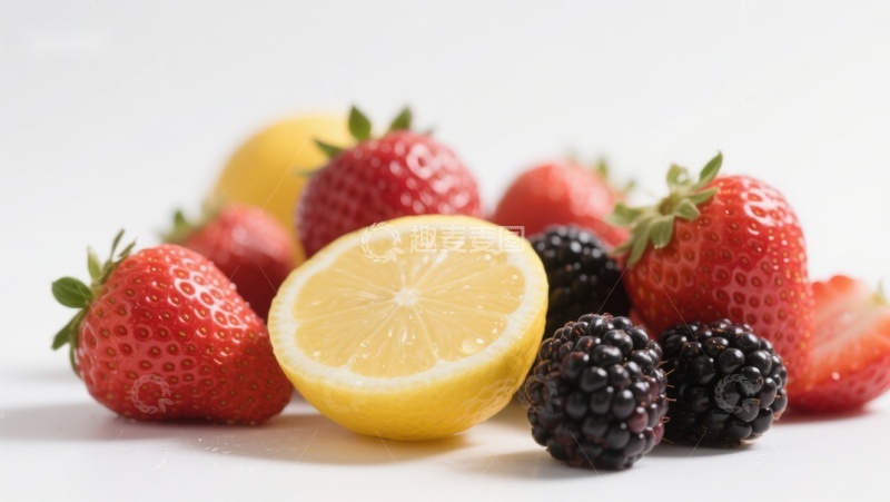 高清大图下载【趣麦麦图】新鲜水果组合：草莓、黑莓与柠檬