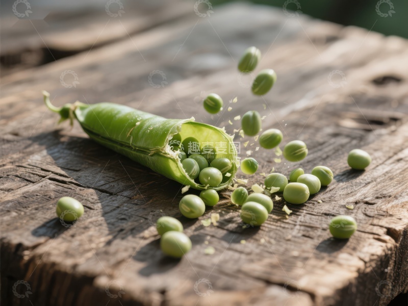 高清大图下载【趣麦麦图】新鲜豌豆荚破裂，豌豆散落木板