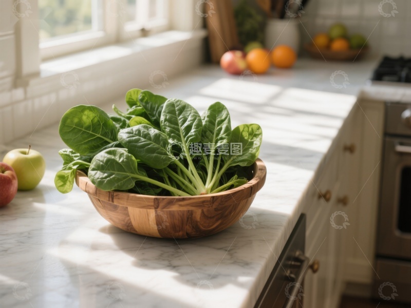 高清大图下载【趣麦麦图】厨房台面上的绿色菠菜