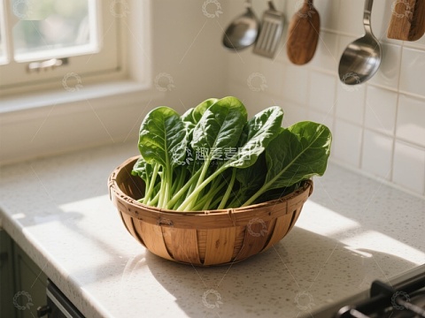 厨房台面上的绿叶蔬菜篮