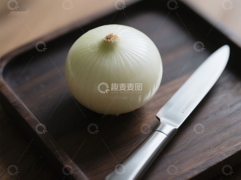 高清大图下载【趣麦麦图】洋葱与刀具置于木质托盘