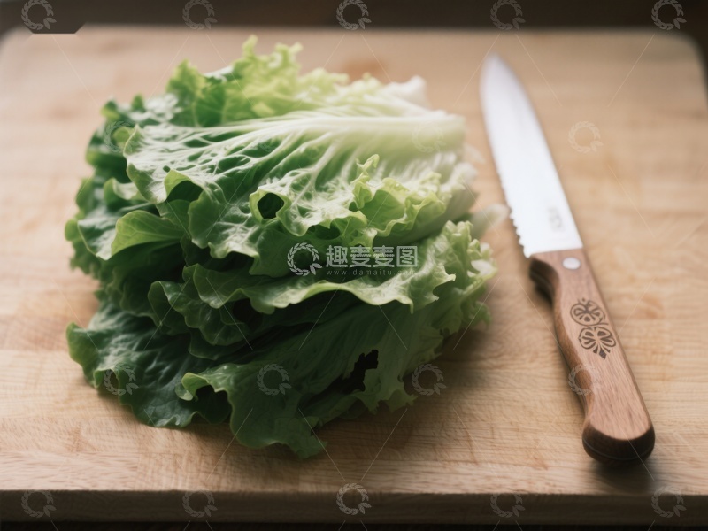 高清大图下载【趣麦麦图】生菜与刀具置于木制砧板上