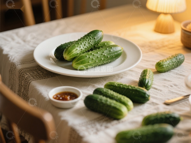 高清大图下载【趣麦麦图】新鲜黄瓜摆盘，餐桌上的绿色美味
