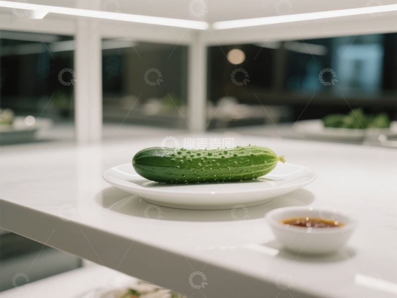高清大图下载【趣麦麦图】厨房台面上的黄瓜与小碟酱料
