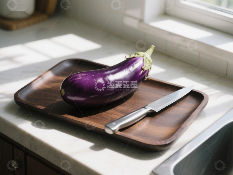 高清大图下载【趣麦麦图】厨房台面上的茄子与刀具