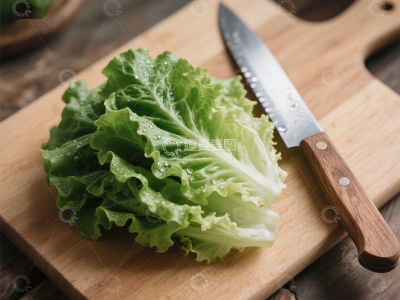 高清大图下载【趣麦麦图】新鲜生菜与木柄刀置于砧板上