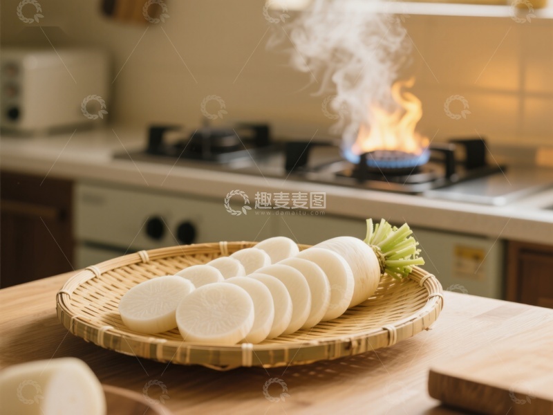 高清大图下载【趣麦麦图】热气腾腾的白萝卜与厨房火焰
