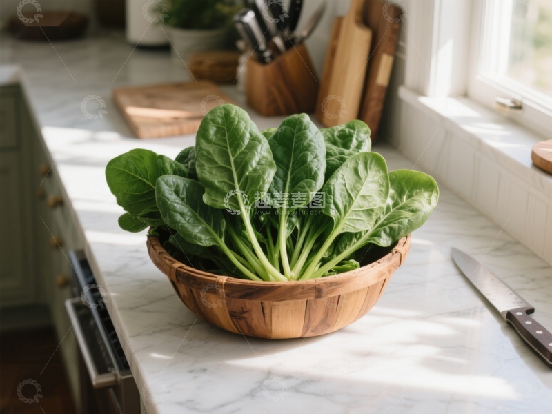 高清大图下载【趣麦麦图】厨房台面上的菠菜盆景