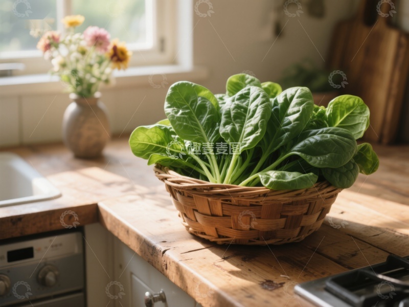 高清大图下载【趣麦麦图】厨房窗边的菠菜篮