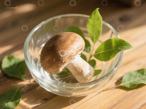 玻璃碗中的香菇与绿叶