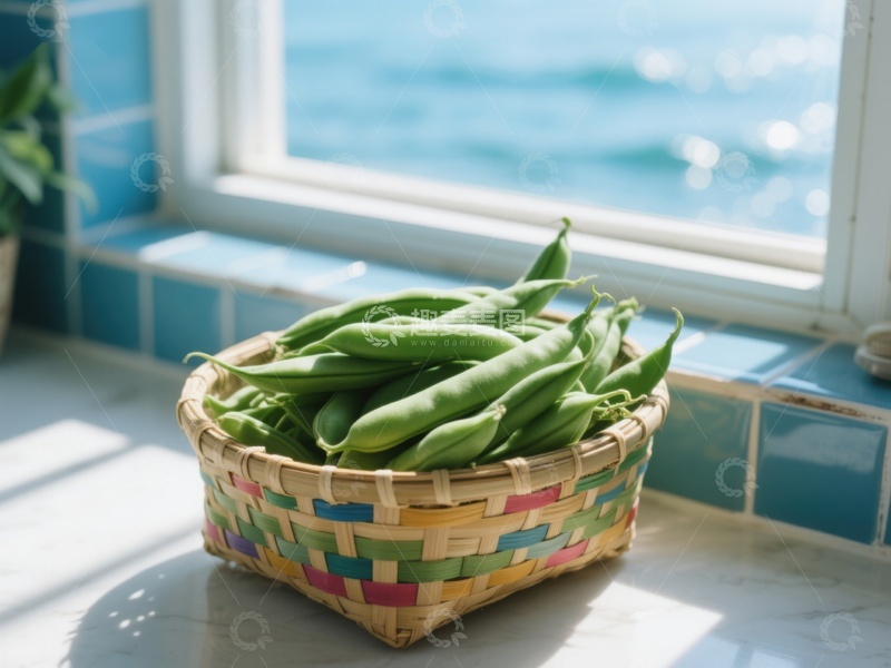 高清大图下载【趣麦麦图】窗边竹篮里的新鲜豆荚
