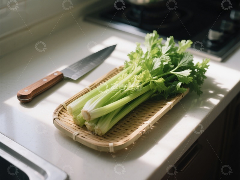 高清大图下载【趣麦麦图】厨房台面上的芹菜与刀具
