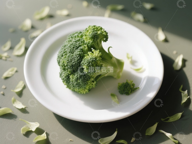 高清大图下载【趣麦麦图】盘中的西兰花与花瓣装饰