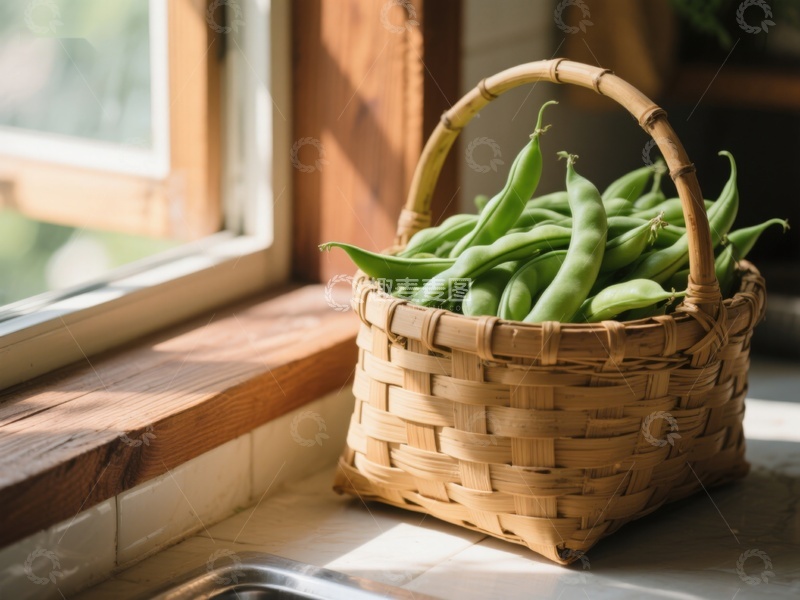 高清大图下载【趣麦麦图】窗边竹篮里的新鲜豆荚