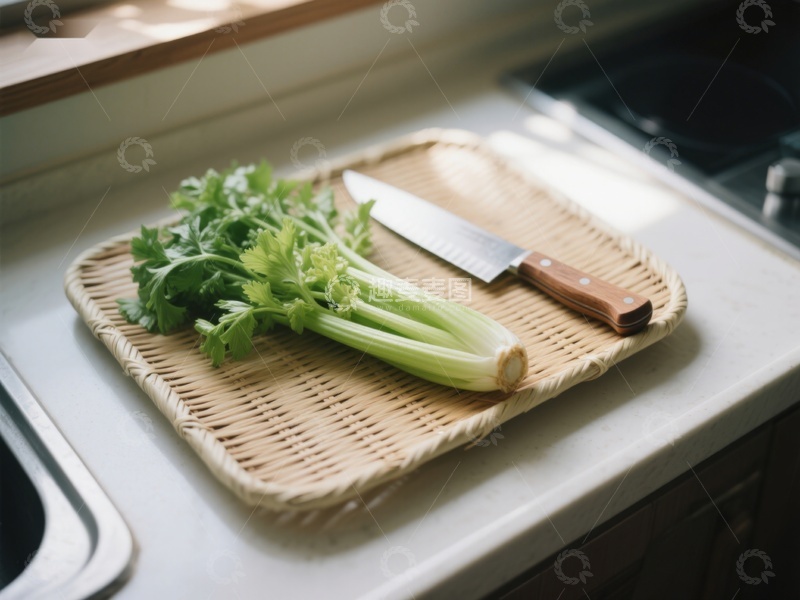 高清大图下载【趣麦麦图】芹菜与刀置于竹制砧板上