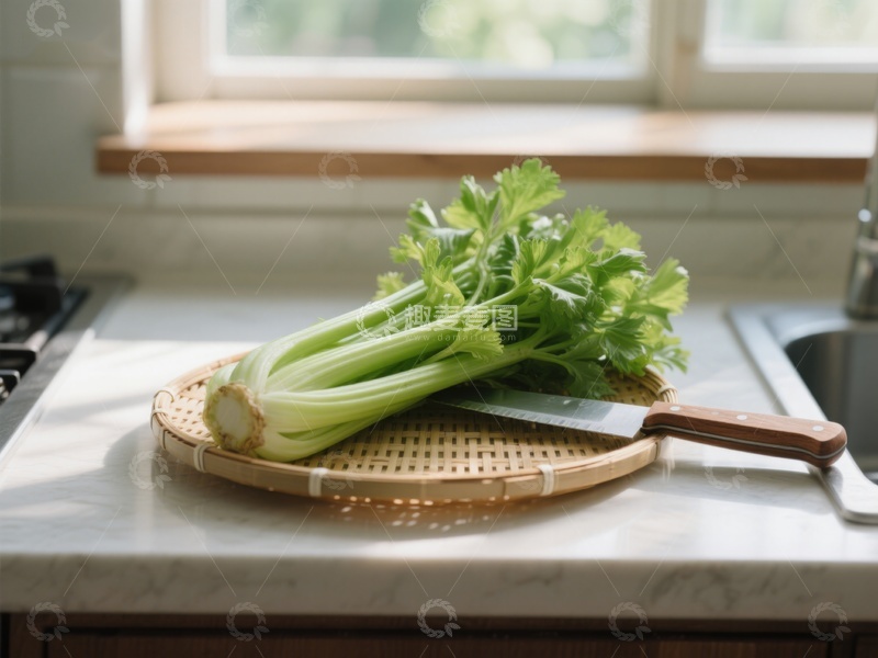 高清大图下载【趣麦麦图】厨房台面上的芹菜与刀具