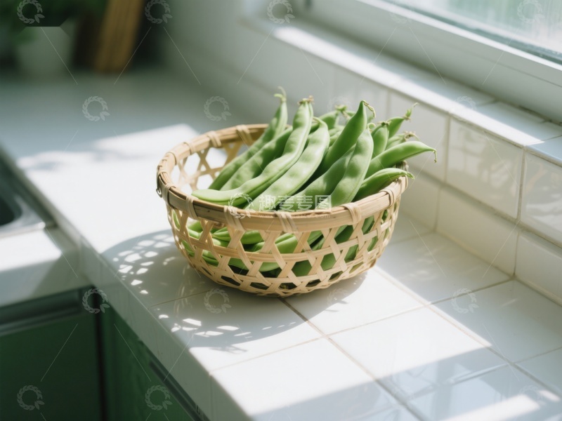 高清大图下载【趣麦麦图】窗边竹篮里的新鲜豆荚