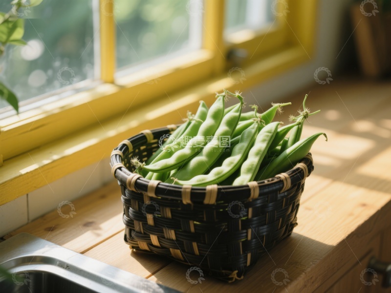 高清大图下载【趣麦麦图】窗边篮子里的绿色豆荚