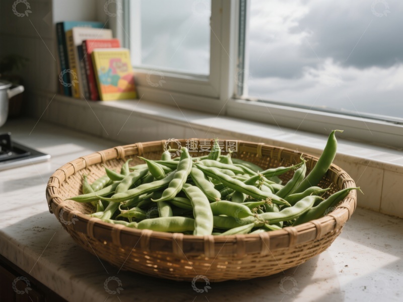 高清大图下载【趣麦麦图】窗边竹篮里的新鲜豆荚