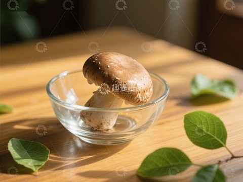 玻璃碗中的香菇与绿叶