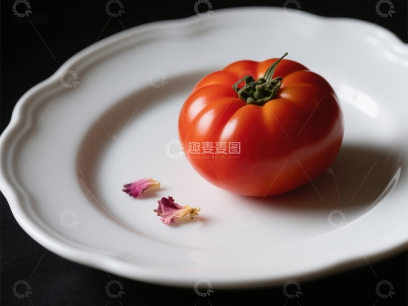高清大图下载【趣麦麦图】红番茄置于白盘，点缀花瓣