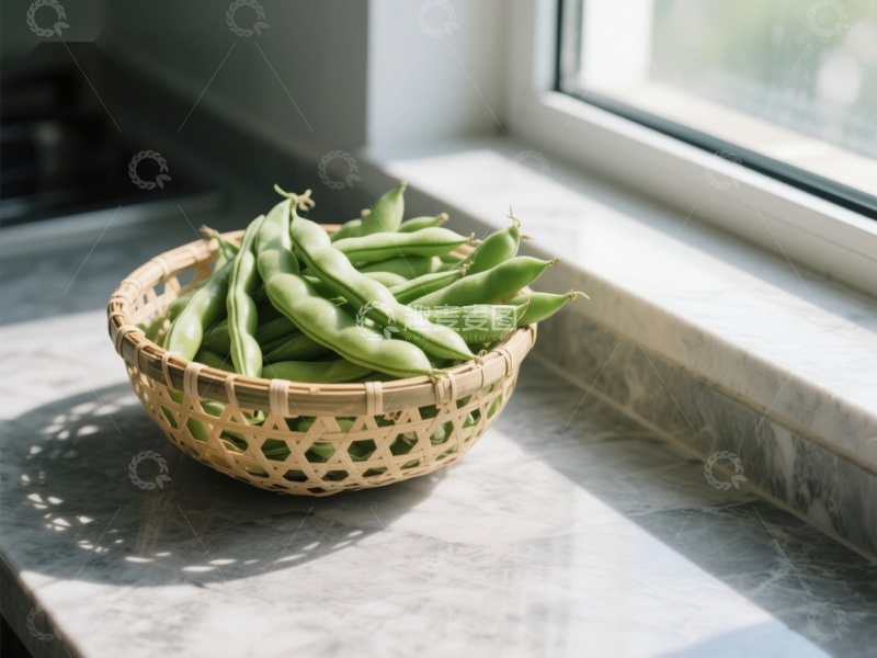 高清大图下载【趣麦麦图】窗边竹篮里的新鲜豆荚