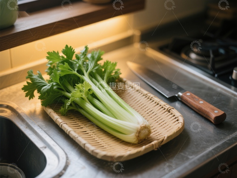 高清大图下载【趣麦麦图】厨房台面上的芹菜与刀具