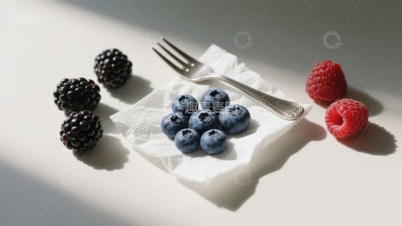 高清大图下载【趣麦麦图】新鲜浆果与叉子的静物组合