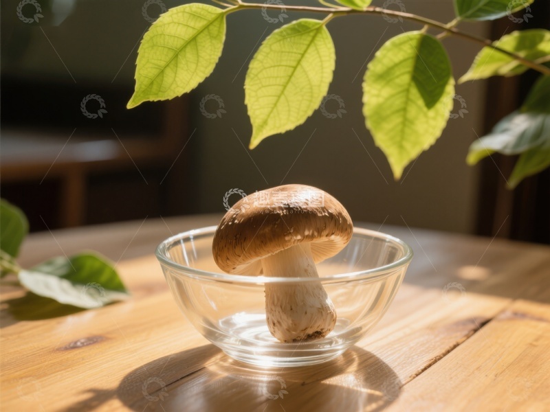 高清大图下载【趣麦麦图】玻璃碗中的蘑菇与绿叶