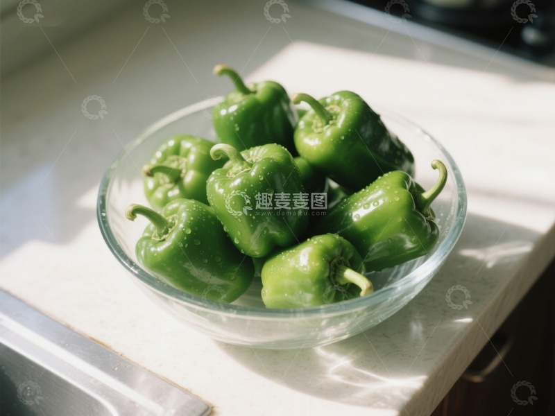 高清大图下载【趣麦麦图】透明碗中的新鲜青椒