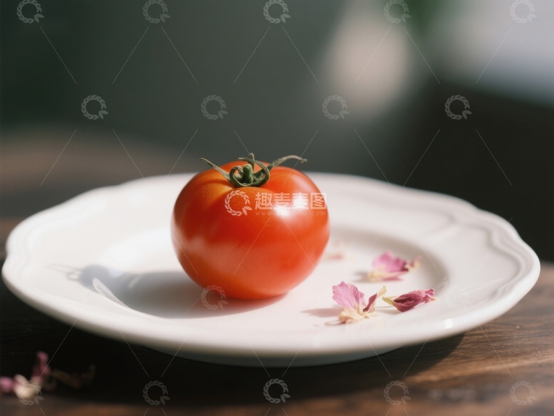 高清大图下载【趣麦麦图】盘中新鲜番茄与花瓣
