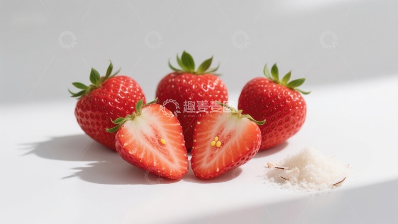 高清大图下载【趣麦麦图】新鲜草莓与糖粒的静物组合