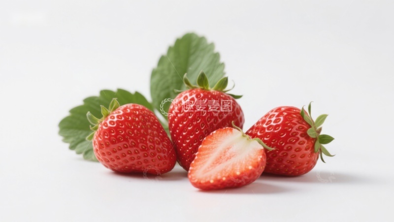 高清大图下载【趣麦麦图】新鲜草莓特写，白色背景