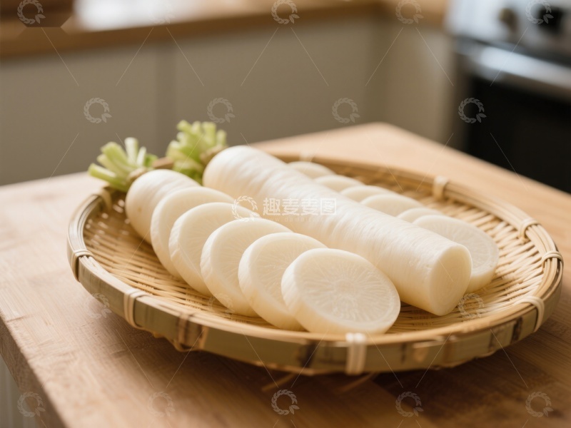 高清大图下载【趣麦麦图】新鲜白萝卜切片置于竹篮中