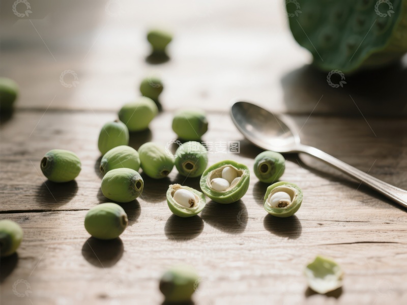 高清大图下载【趣麦麦图】莲子散落木质桌面，银勺相伴