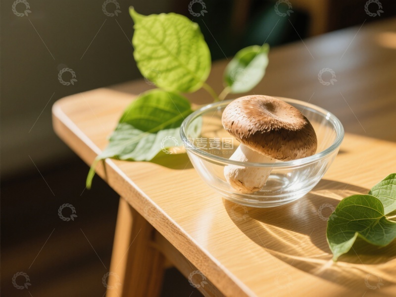 高清大图下载【趣麦麦图】玻璃碗中的蘑菇与绿叶